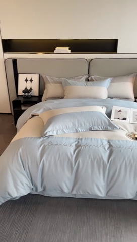 91家纺网 家纺一手货源 找家纺 金麦 2023新款全棉磨毛原棉宽边刺绣四件套系列-梦娜 梦娜-蓝