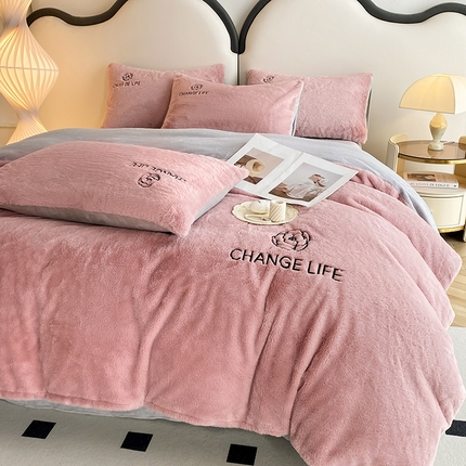 澳梵 2023新款【山茶花】小香风刺绣兔兔绒牛奶绒四件 山茶花-豆沙红