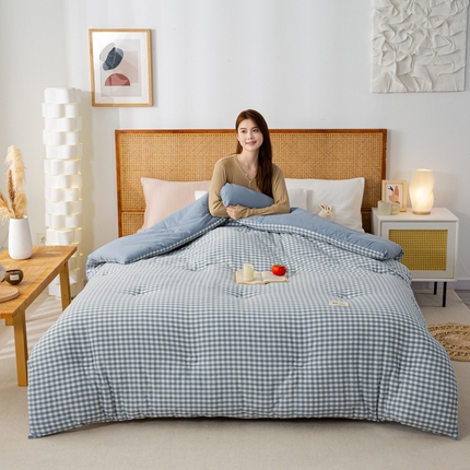鸣升家纺 新款无印风全棉色织水洗棉100%棉花被冬被被子被芯 浅蓝小格