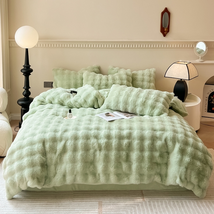 91家纺网 家纺一手货源 找家纺 慕尚 2025新款480g加厚兔毛绒兔兔绒四件套 薇妮抹茶