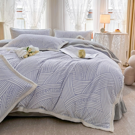 91家纺网 家纺一手货源 找家纺 涵美人家纺 2025新款直播230g包边烂花剪花雕花牛奶绒四件套法莱金貂獭兔毛绒四件套 阡陌 紫苏