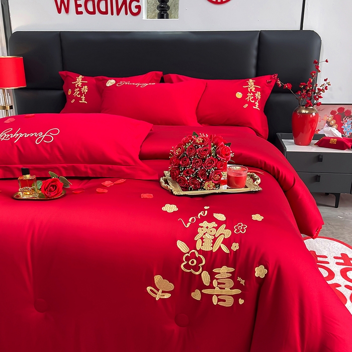 91家纺网 家纺一手货源 找家纺 卓缦家纺 2024新款蕾丝款婚庆喜被大红婚庆被春秋被冬被 小欢喜