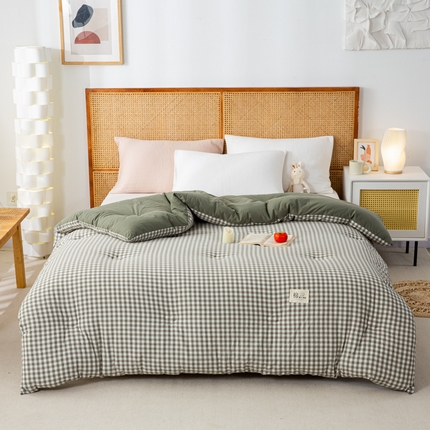 鸣升 23新款无印风全棉花被色织水洗棉100%冬被子被芯 绿小格