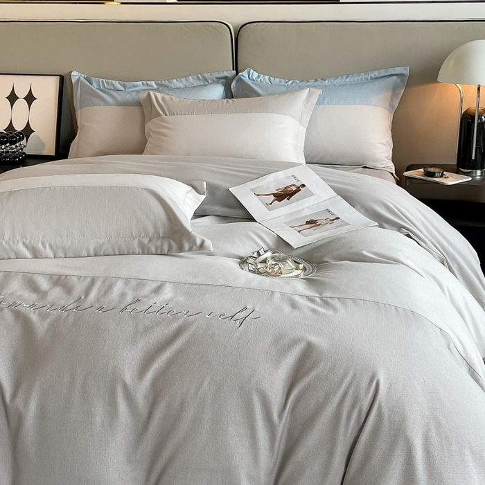 91家纺网 家纺一手货源 找家纺 金麦 2023新款全棉磨毛原棉宽边刺绣四件套系列-梦娜 梦娜-灰