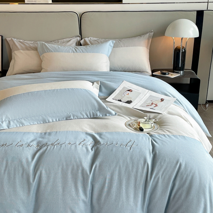 91家纺网 家纺一手货源 找家纺 金麦 2023新款全棉磨毛原棉宽边刺绣四件套系列-梦娜 梦娜-蓝