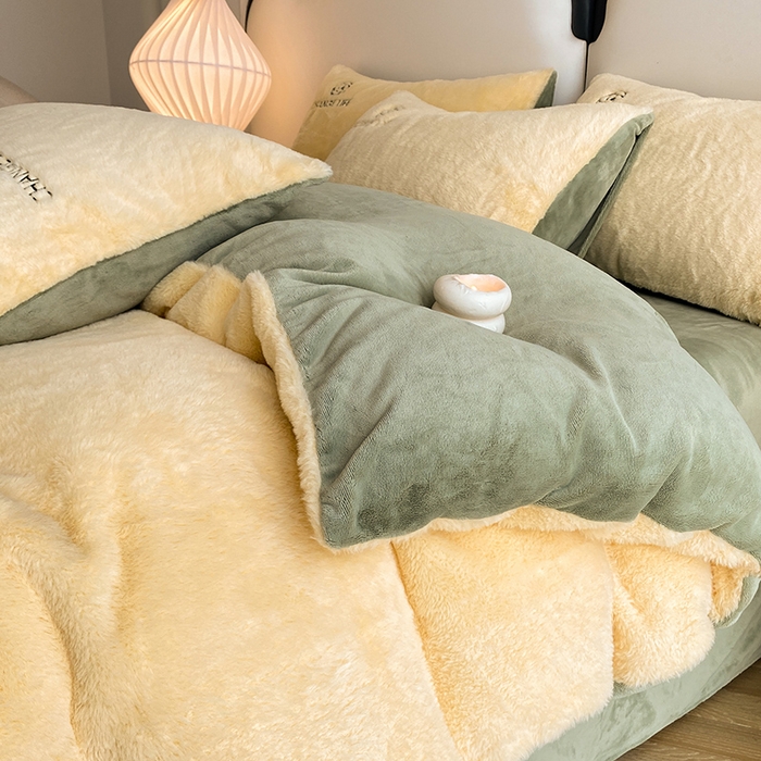 91家纺网 家纺一手货源 找家纺 澳梵 2023新款【山茶花】小香风刺绣兔兔绒牛奶绒四件 山茶花-嫩黄