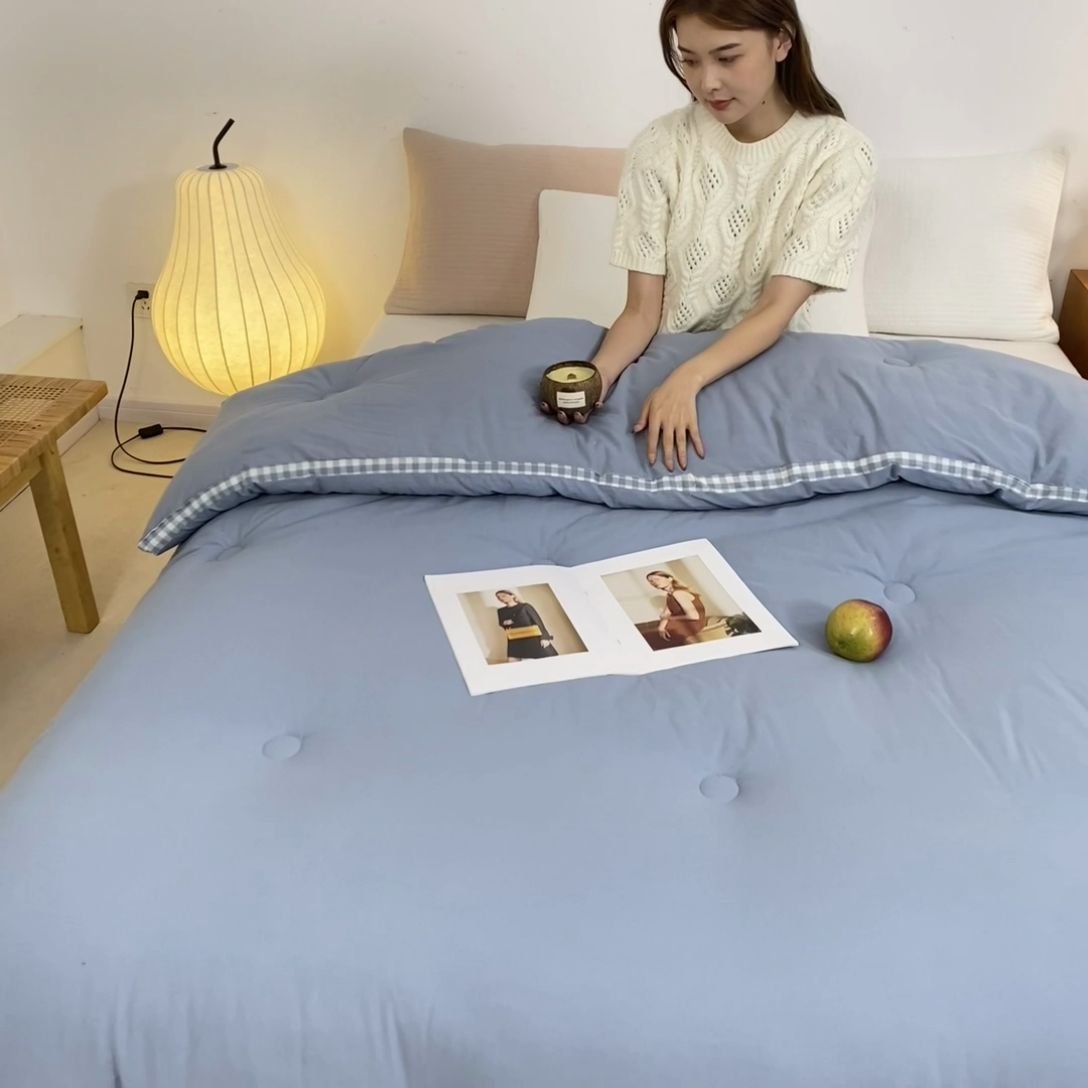 91家纺网 家纺一手货源 找家纺 鸣升家纺 新款棋盘格全棉色织水洗棉棉花被冬被被子被芯 棋盘格--浅蓝