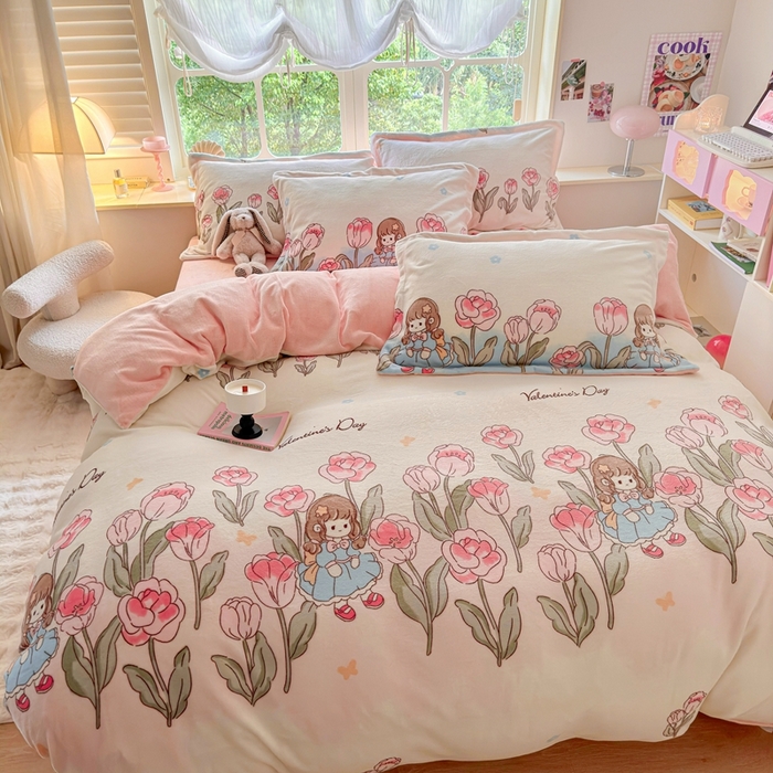 91家纺网 家纺一手货源 找家纺 呗旺鹿 2023新款高克重加厚印花牛奶绒四件套直播 鲜花小镇