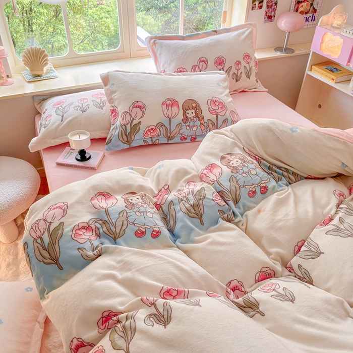 91家纺网 家纺一手货源 找家纺 呗旺鹿 2023新款高克重加厚印花牛奶绒四件套直播 鲜花小镇