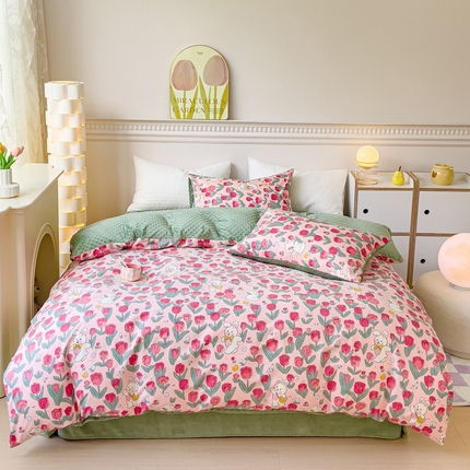 珺柔家纺 2023新款全棉加豆豆牛奶绒四件套 彩花兔