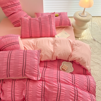 91家纺网 家纺一手货源 找家纺 （总）韩都家居 2023新款A类皱皱泡泡纱水洗棉简约款纯色四件套