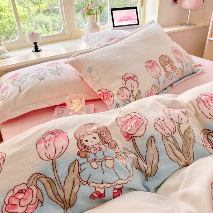 91家纺网 家纺一手货源 找家纺 呗旺鹿 2023新款高克重加厚印花牛奶绒四件套直播 鲜花小镇