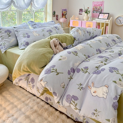 呗旺鹿 2023新款高克重加厚印花牛奶绒四件套直播 紫韵