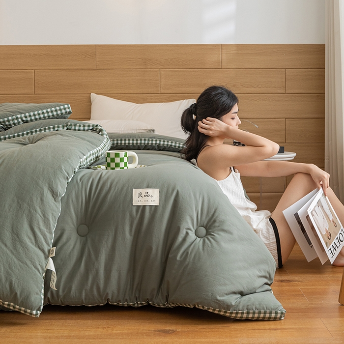 91家纺网 家纺一手货源 找家纺 子由2023子由家居无印风棋盘格立体边大豆纤维冬被 棋盘格-墨子绿