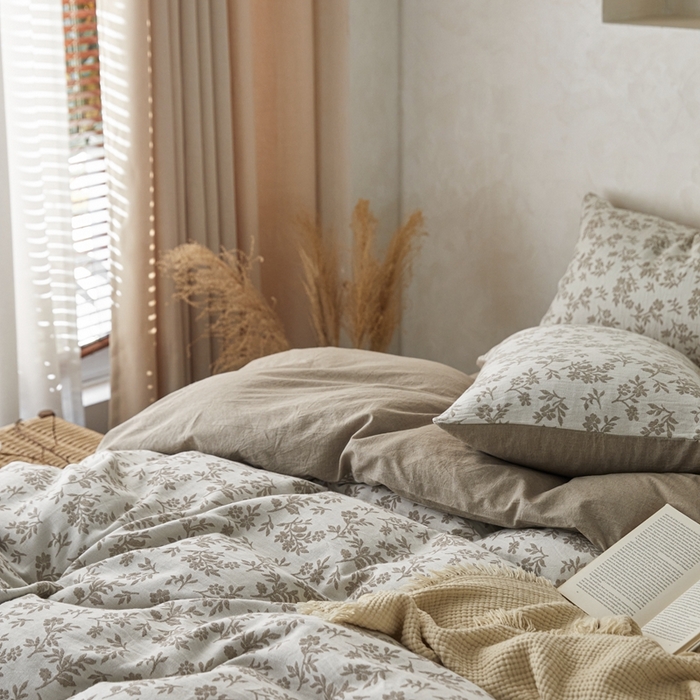 91家纺网 家纺一手货源 找家纺 梦享生活家居 2023新款双层提花四件套 枝上花-卡其