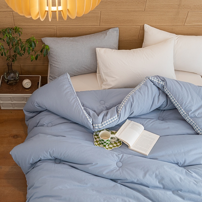 91家纺网 家纺一手货源 找家纺 子由2023子由家居无印风棋盘格立体边大豆纤维冬被 棋盘格-浅蓝