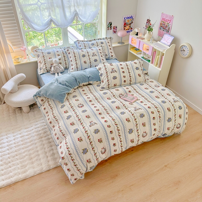 91家纺网 家纺一手货源 找家纺 呗旺鹿 2023新款高克重加厚印花牛奶绒四件套直播 花间兔