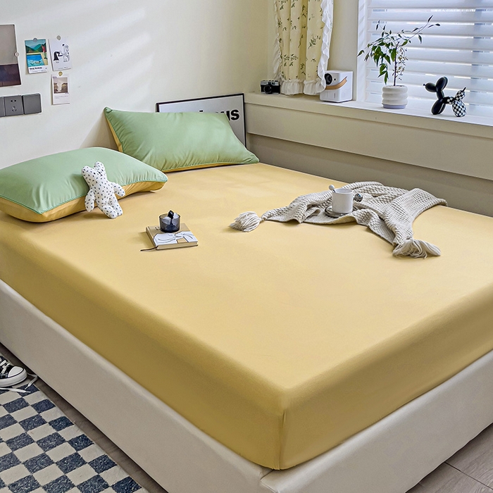 91家纺网 家纺一手货源 找家纺 蓝淋家纺 2023新款新品床笠 浅绿浅驼