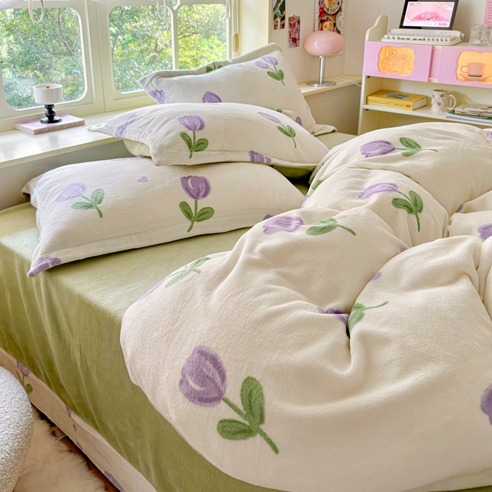 91家纺网 家纺一手货源 找家纺 呗旺鹿 2023新款高克重加厚印花牛奶绒四件套直播 郁金香