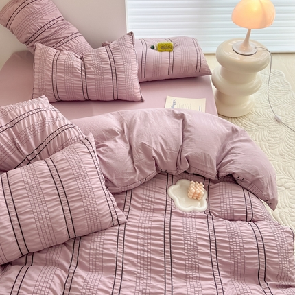 91家纺网 家纺一手货源 找家纺 （总）韩都家居 2023新款A类皱皱泡泡纱水洗棉简约款纯色四件套