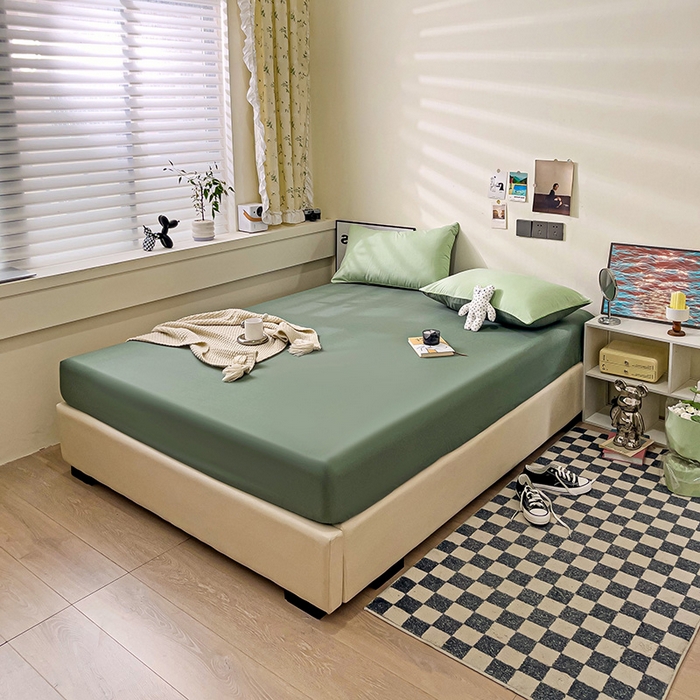 91家纺网 家纺一手货源 找家纺 蓝淋家纺 2023新款新品床笠 奶绿深绿