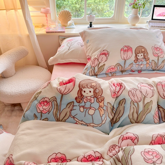 91家纺网 家纺一手货源 找家纺 呗旺鹿 2023新款高克重加厚印花牛奶绒四件套直播 鲜花小镇