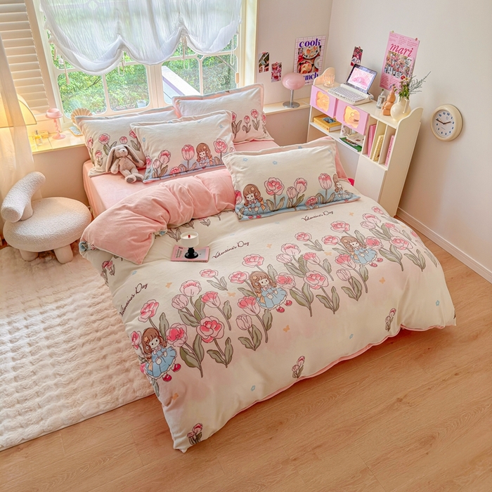 91家纺网 家纺一手货源 找家纺 呗旺鹿 2023新款高克重加厚印花牛奶绒四件套直播 鲜花小镇