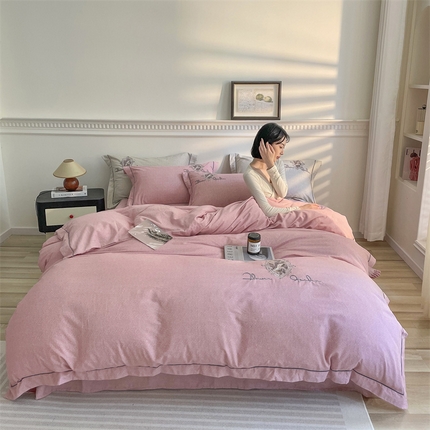 艾莱家纺 2023新款A类新疆长绒棉加厚柔顺磨毛四件套 维特利-粉色