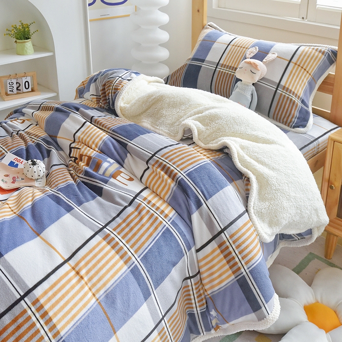 91家纺网 家纺一手货源 找家纺 多乐家纺 2023年新款牛奶绒学生三件套 大蓝格