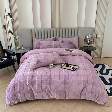 铠畅家纺 2023爆款9斤獭兔毛绒兔兔绒剪花牛奶绒四件套-大格子系列 大格子豆沙紫