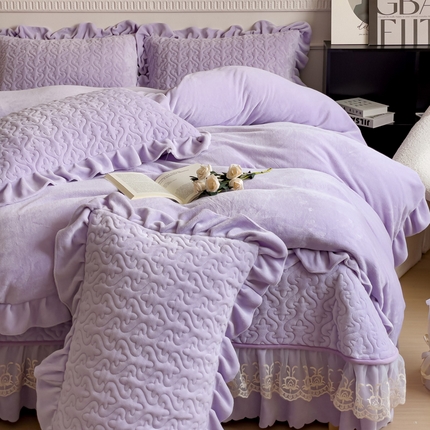 铠畅家纺 2023新款纯色蕾丝牛奶绒床盖四件套-遇见系列 淡紫