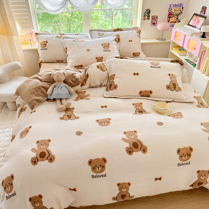 91家纺网 家纺一手货源 找家纺 呗旺鹿 2023新款高克重加厚印花牛奶绒四件套直播 淘气熊