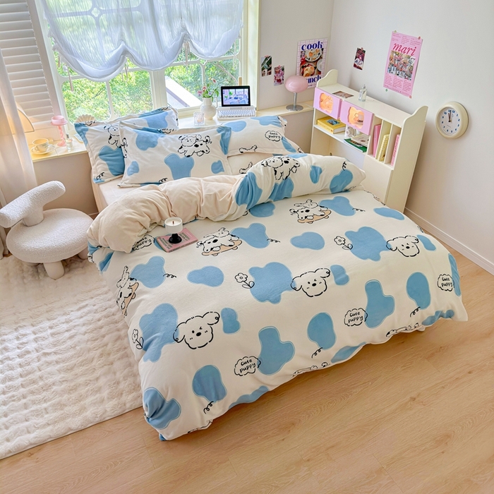 91家纺网 家纺一手货源 找家纺 呗旺鹿 2023新款高克重加厚印花牛奶绒四件套直播 顽皮狗