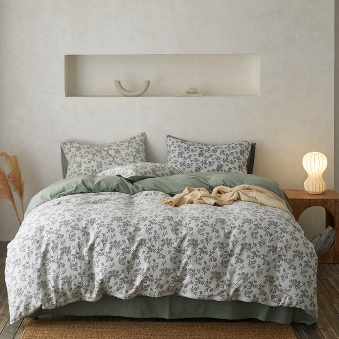 91家纺网 家纺一手货源 找家纺 梦享生活家居 2023新款双层提花四件套 枝上花-绿