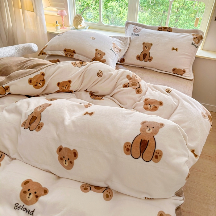 91家纺网 家纺一手货源 找家纺 呗旺鹿 2023新款高克重加厚印花牛奶绒四件套直播 淘气熊