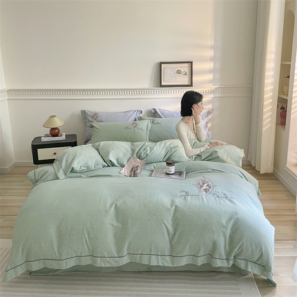 艾莱家纺 2023新款A类新疆长绒棉加厚柔顺磨毛四件套 维特利-绿色