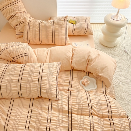 91家纺网 家纺一手货源 找家纺 韩都家居 2023新款A类皱皱泡泡纱水洗棉简约款纯色四件套 半岛-卡其