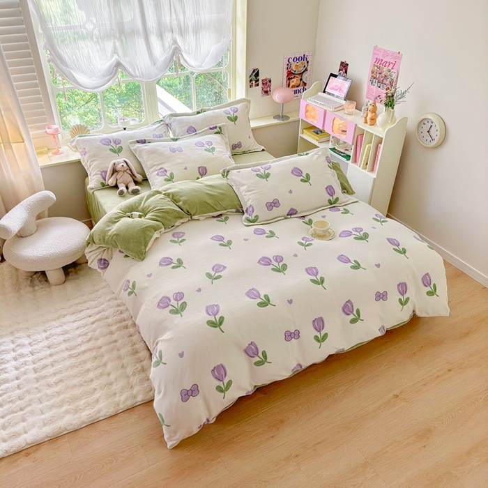 91家纺网 家纺一手货源 找家纺 呗旺鹿 2023新款高克重加厚印花牛奶绒四件套直播 郁金香