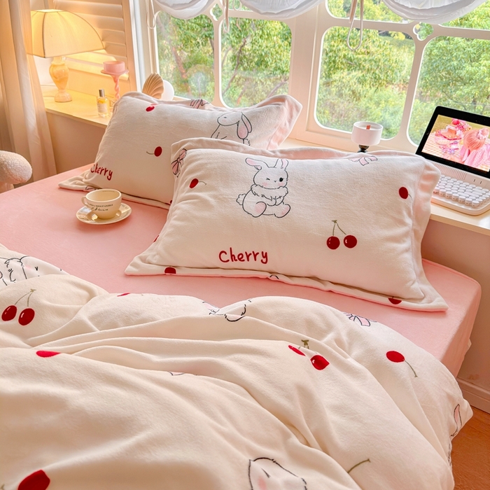 91家纺网 家纺一手货源 找家纺 呗旺鹿 2023新款高克重加厚印花牛奶绒四件套直播 樱桃兔