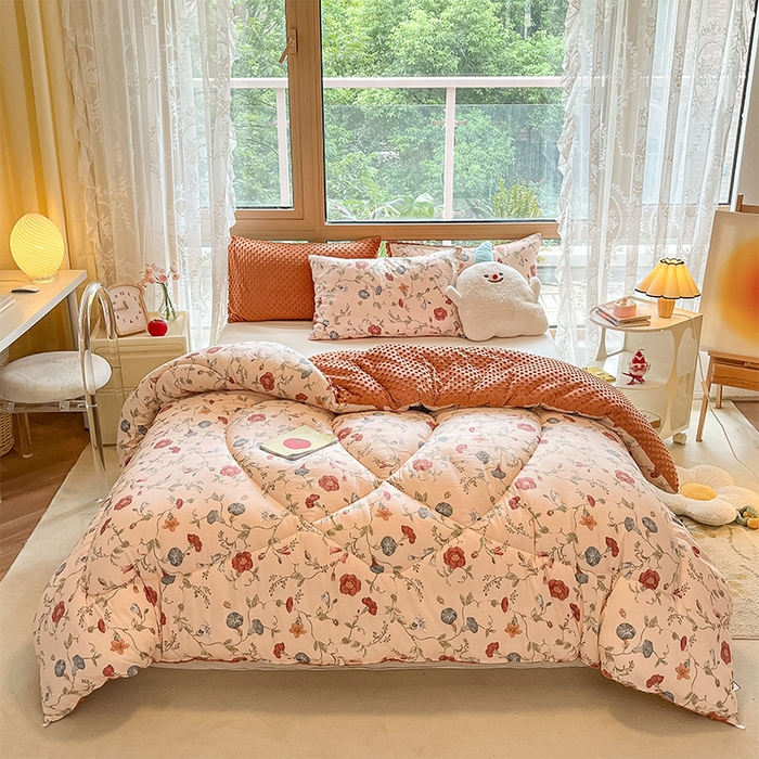 91家纺网 家纺一手货源 找家纺 雅蔓依 2025新款水洗棉麻3D豆豆绒冬被 牵牛花