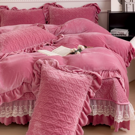 铠畅家纺 2023新款纯色蕾丝牛奶绒床盖四件套-遇见系列 豆沙
