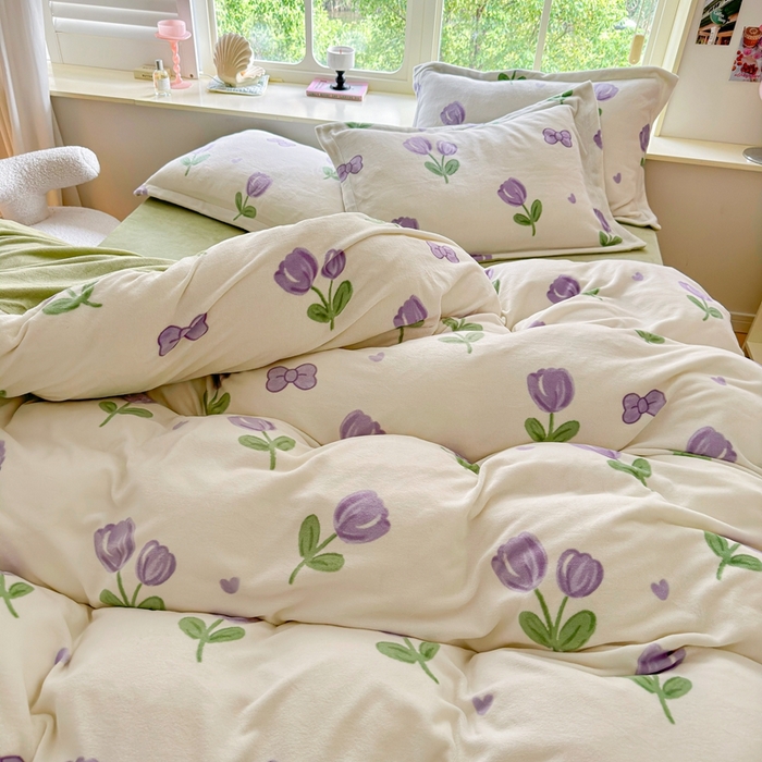 91家纺网 家纺一手货源 找家纺 呗旺鹿 2023新款高克重加厚印花牛奶绒四件套直播 郁金香