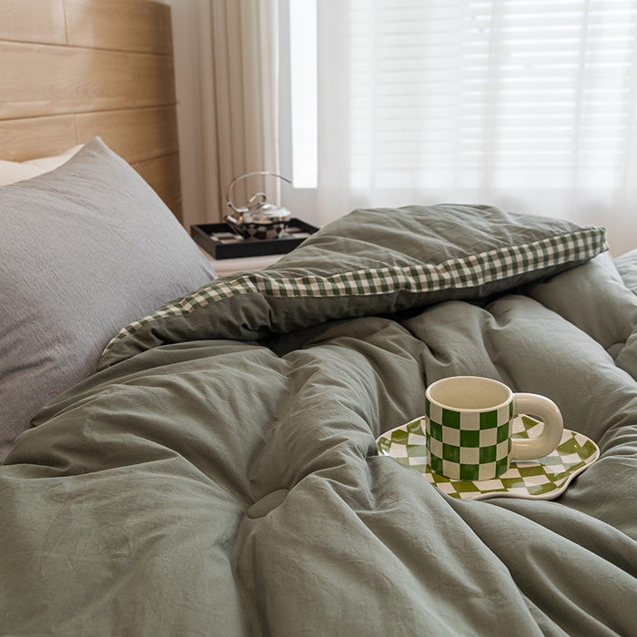 91家纺网 家纺一手货源 找家纺 子由2023子由家居无印风棋盘格立体边大豆纤维冬被 棋盘格-墨子绿