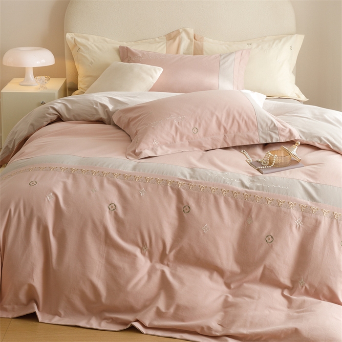 91家纺网 家纺一手货源 找家纺 艾莱家纺 2023新款A类秋恋磨毛刺绣四件套 秋恋-玉豆沙