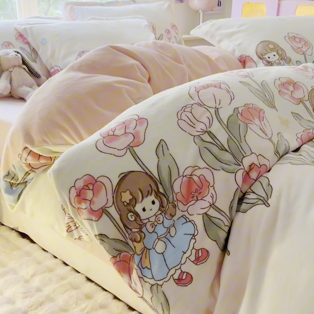 91家纺网 家纺一手货源 找家纺 呗旺鹿 2023新款高克重加厚印花牛奶绒四件套直播 鲜花小镇