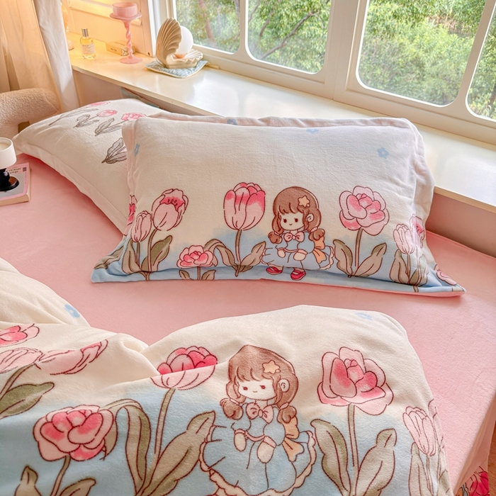 91家纺网 家纺一手货源 找家纺 呗旺鹿 2023新款高克重加厚印花牛奶绒四件套直播 鲜花小镇