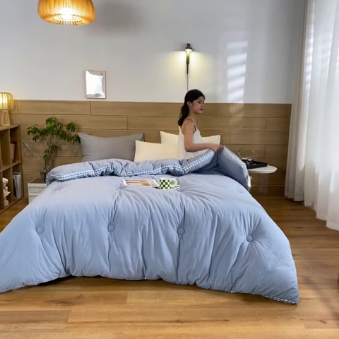 91家纺网 家纺一手货源 找家纺 子由2023子由家居无印风棋盘格立体边大豆纤维冬被 棋盘格-浅蓝