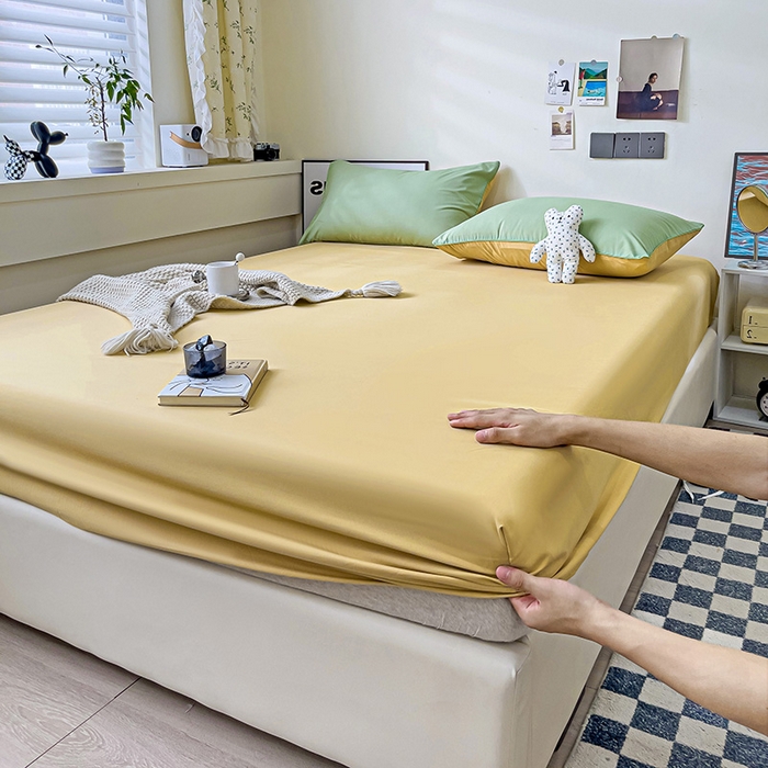 91家纺网 家纺一手货源 找家纺 蓝淋家纺 2023新款新品床笠 浅绿浅驼