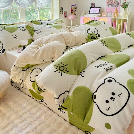 呗旺鹿 2023新款高克重加厚印花牛奶绒四件套直播 开心熊