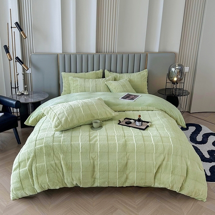 铠畅家纺 2023爆款9斤獭兔毛绒兔兔绒剪花牛奶绒四件套-大格子系列 大格子-果绿